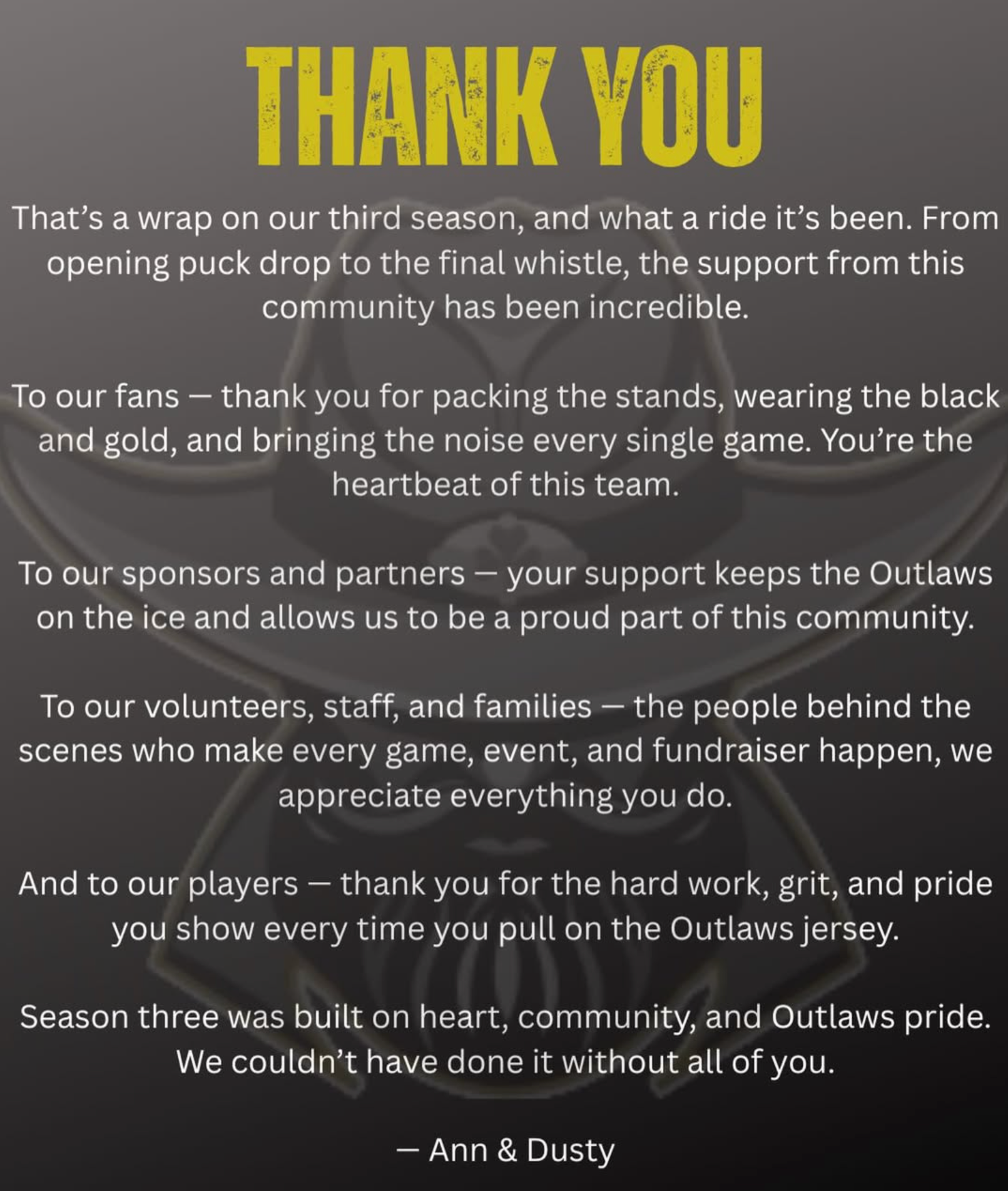 Thank you message for Erin Outlaws third season.