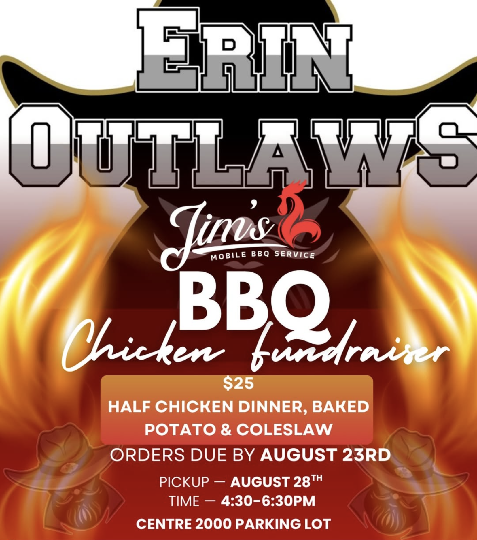 Promotion for the Erin Outlaws BBQ Chicken Fundraiser by Jim's Mobile BBQ Service.