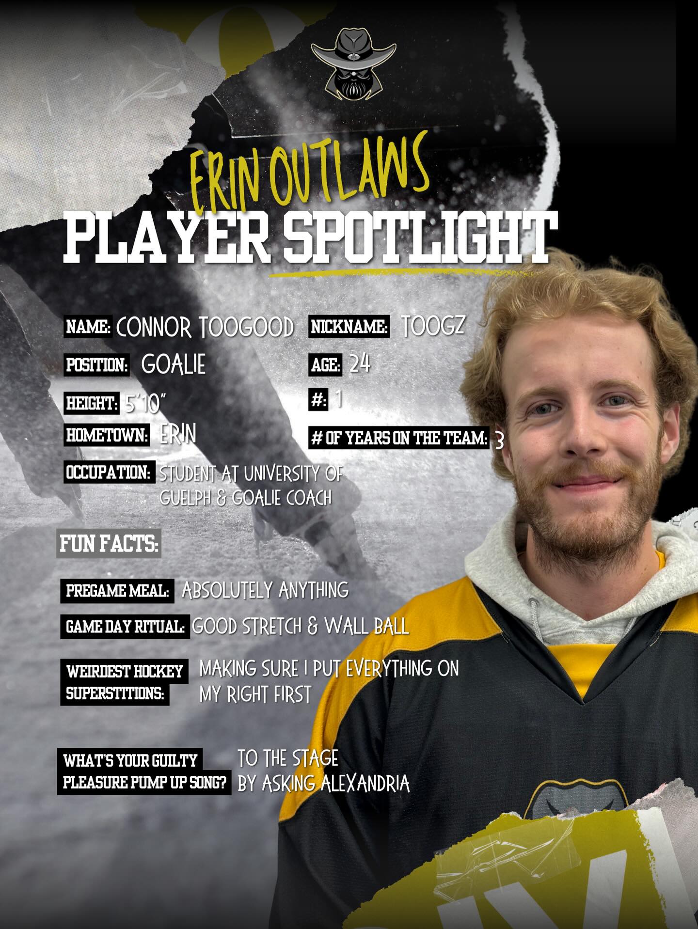 Player spotlight for Connor Toogood of the Erin Outlaws with personal information and fun facts.
