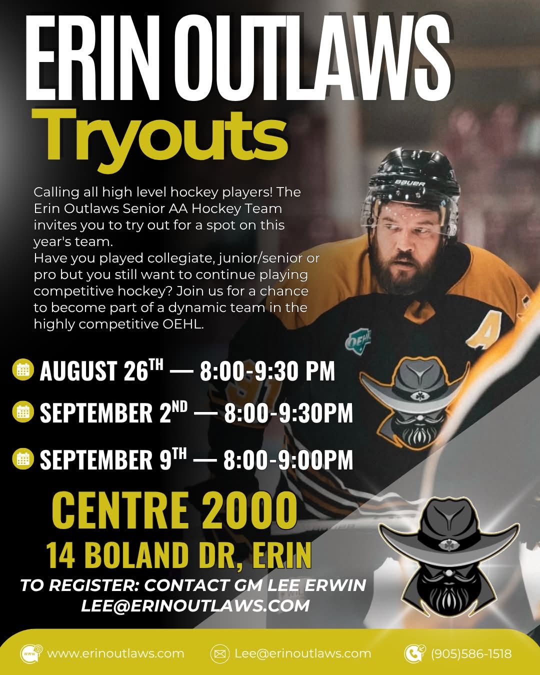 Promotional for Erin Outlaws tryouts, with registration dates and times, and contact information.
